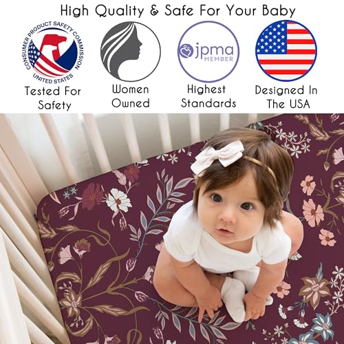 Image of Sweet Jojo Designs Fitted Baby Crib Sheets (Burgundy Red Wildflower Vintage Floral) for Girls, Infant Nursery, Toddler Room - Standard Size (Boho, Paisley, Bohemian, Cottagecore, Farmhouse, Flower)