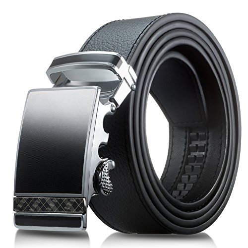 Men's Genuine Leather Belt- Ratchet Black Dress Belt for Men with Automatic Buckle. (Up to Size 46, Black With Buckle #07)