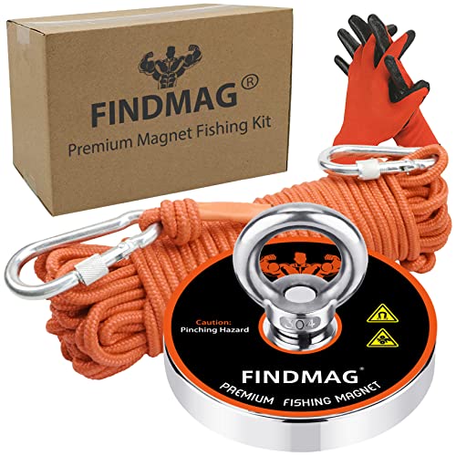 FINDMAG Magnetic Fishing Fishing Magnet 600 LBS (273 KG) Pulling Force Strong Round Neodymium Lift Magnet with Rope Super Strong Product for River Retrieval and Salvage - 75mm Diameter