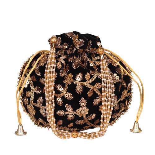 Black Velvet Matka Design Fabric Wedding Potli for Ladies Party Tote Bags Hand Held for Girls and Women-image-4