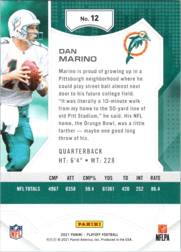 Miniatura 2 de 2021 Panini Playoff Football #12 Dan Marino Miami Dolphins Official NFL Trading Card (Stock Photo Shown) Card is in Near Mint to Mint Condition