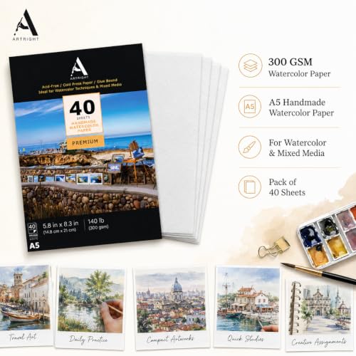 Image of ArtRight Artists Watercolor Paper (A5 Pack of 40 Sheets, 300 GSM); Handmade Watercolour Paper for Artists