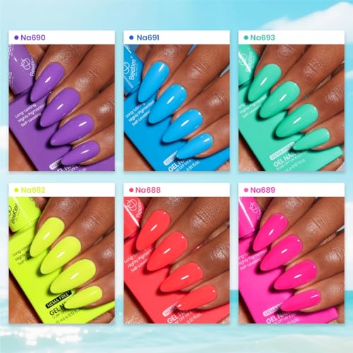 Image of Beetles Neon Gel Nail Polish Set, Summer Color Gel Polish Kit Hot Pink Red Yellow Green with Mini LED Nail Lamp, Base Top Coat Nail Art Brushes, Summer Pretty Box Salon Home DIY Gift Basket for Women