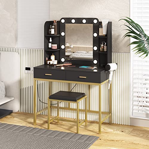 Image of Vanity Desk with Mirror and 10 Led Lights, with Charging Station, Makeup Table Set with Lighted Morror, with 3 Lighting Modes and 2 Drawers&Cushioned Stool for Bedroom