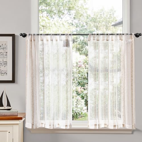 TOPICK Rideau Cuisine Voilage Brise Bise, Rideaux Court Lot de 2, avec Rayures Naturelles 65L x 90H(cm) Passe-Tringle, pour Placard Fenetre Salon sous Evier
