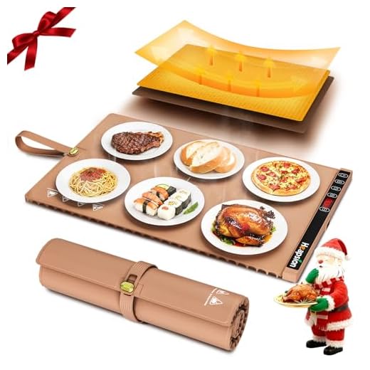 Heapsion Food Warming Mat, Electric Plate with 6 Level Temp 5 Hour Timer, 24x15'' Roll-Up Portable Warming Tray for Dinner Parties, Gatherings, and Holidays（Brown）