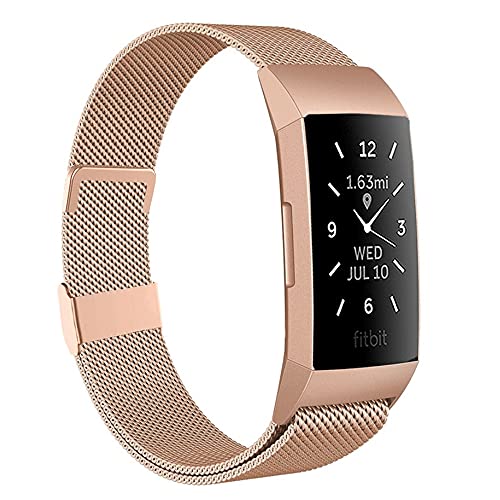 Moydolo Kompatibel mit Fitbit Charge 3 Armband/Charge 4 Armband Damen Herren Metall Magnetschloss Einstellbare Edelstahl Ersatzarmband Armbänder mit Charge3/Charge 4/Charge 3 SE Groß Roségold
