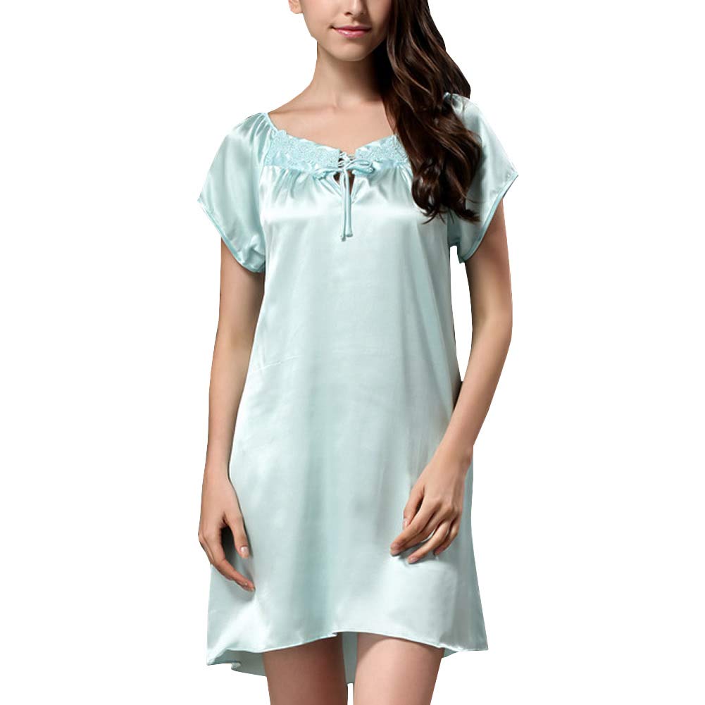 E-girl E263 - Camisón para mujer (100% seda, bordado, manga corta) azul Large