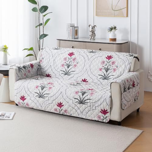 Image of House of Quirk 'Mughal Series' Anti-Slip Sofa Cover Mat with Pocket | Polyester Couch Protector for Pets, Kids & Spills (Mughal Buta, 180x170cm, Three Seater)
