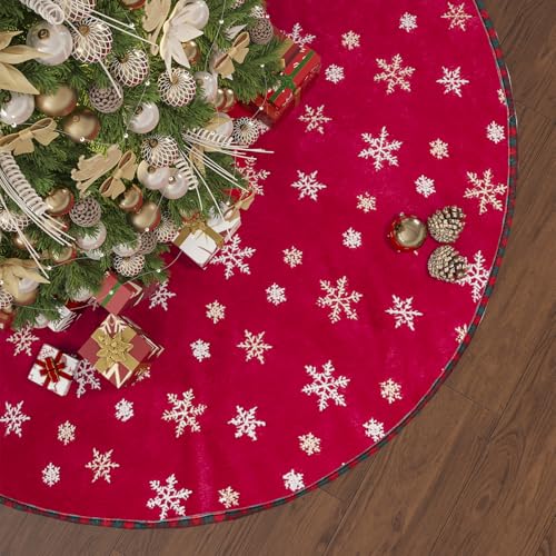 Perseverance Trade Christmas Tree Skirt 48 Inches Christmas Red Plush Tree Skirt with Gold and Silver Sequin Embroidered Snowflakes for Christmas Tree Winter Holiday Party Decor