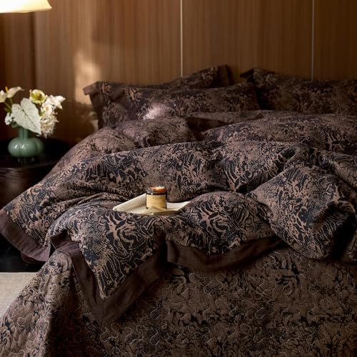 mixinni Duvet Cover Set Queen, Vintage Opulence Yarn-Dyed Jacquard Double-Layer Cotton Comforter Cover with Wide Corner Design, Retro Art Pattern Bedding Set with 2 Pillowcases for Men & Women