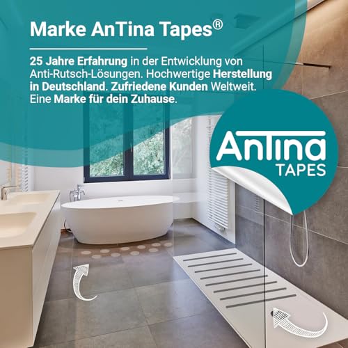 AnTina TAPES® hochwertige Anti-Rutsch-Aufkleber als Streifen für Dusche & Badewanne, Pads Zertifiziert rutschhemmend & selbstklebend, 8 Stück in Transparent, inkl. Reinigungsmittel