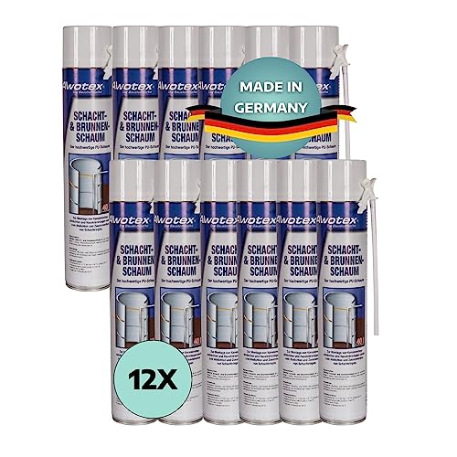 AWOTEX 12 x Brunnenschaum B2 750 ml 1-K I PU-Bauschaum Schacht & Brunnen ohne FCKW & HFCKW I Klebeschaum für Brunnenschacht I Brunnenschaum wasserdicht I wetter- & alterungsbeständig