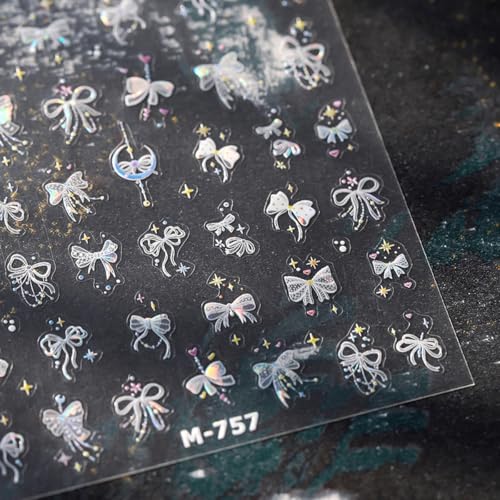 Image of Bow Nail Sticker Decals Star Nail Art Stickers White Silk Bow Knot Nail Art Decals with Design 5D Embossed Self Adhesive Nails Charms for Women Girls Manicure DIY Decoration Supply