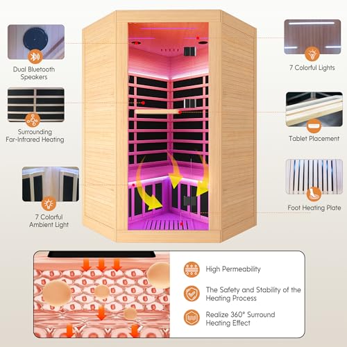 Image of OUTEXER 2-3 Person Sauna Corner Sauna Far Infrared Saunas Room Home Canadian Hemlock Indoor 2100W Low-EMF Dry Saunas with 7 Color Therapy 47.2 * 47.2 * 74.8inch