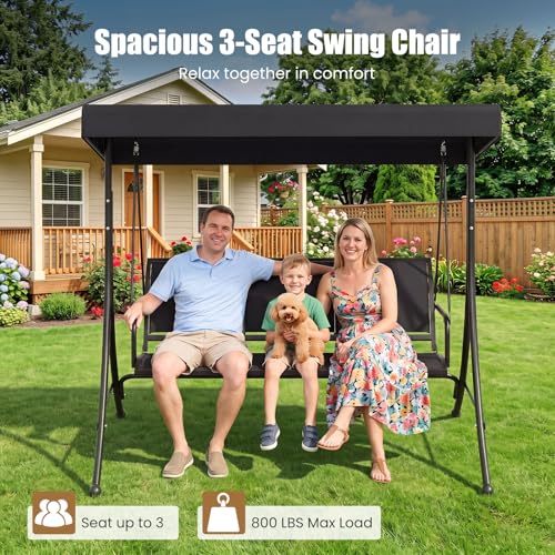 Image of Tangkula 3 Person Porch Swing, Patio Swing with Adjustable Canopy, Heavy-Duty Frame, Breathable Fabric, Outdoor Swing for Porch, Garden, Backyard, Poolside, 800 LBS Max Load