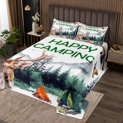 Erosebridal Happy Camping Twin Bedding Set,Kids Camper Quilt Set for RV Trailer Decor,Mallard Duck Cabin Deer Quilts Bed Set Fishing and Hunting Bedspread Set,1 Pillowsham