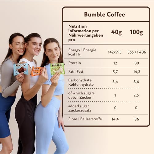 FitnesSHOCK Proteinriegel Set mit hohem 30% 12g Proteingehalt Eiweißriegel ohne Zuckerzusatz mit 5g Kollagen low carb ballaststoffreich kalorienarm Bumble Coffee Geschmack 12Stk 40g 5