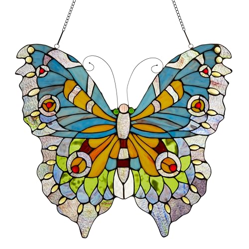 RIVER OF GOODS Butterfly 20.5 Inch High Stained Glass Suncatcher Window Panel, Orange, Blue, Yellow