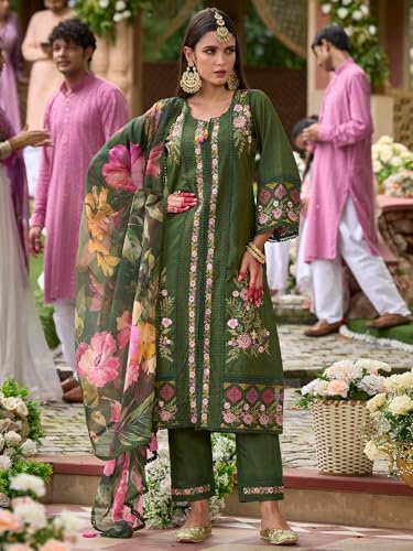 Image of INDO ERA Women's Off White Silk Blend Embroidered Straight Kurta Pant And Dupatta Set (IEOUT6962)