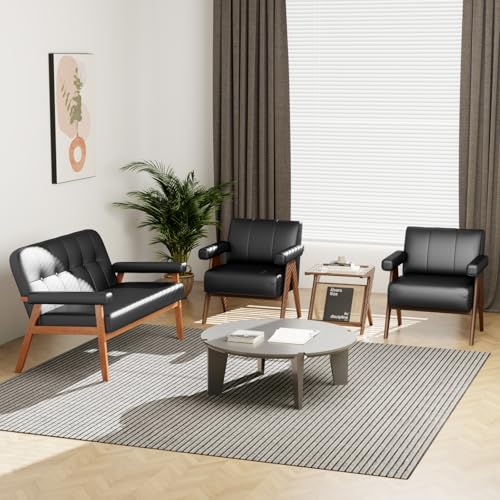 Image of STHOUYN Leather Accent Chairs, Living Room Chair with Wooden Legs (Black)