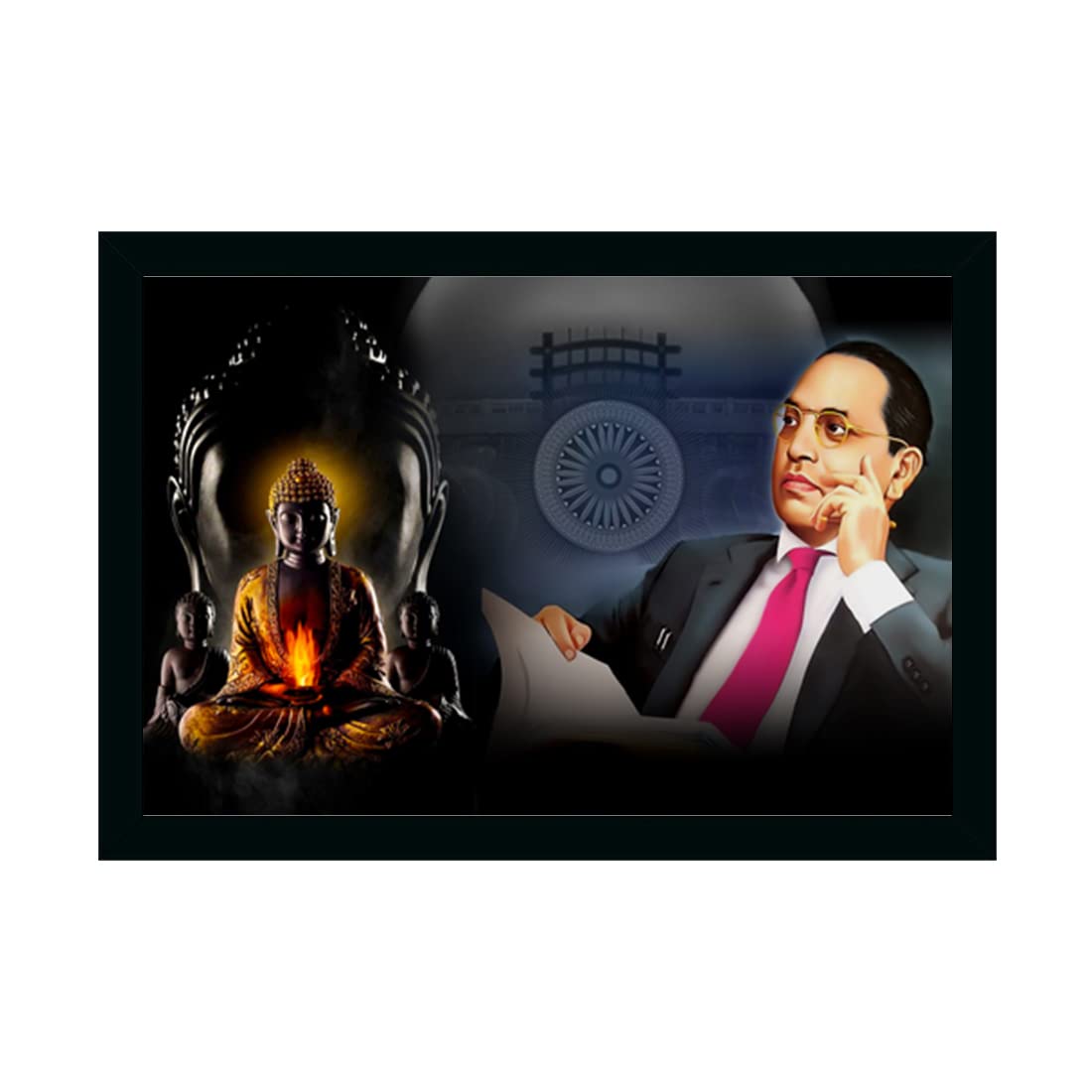 buddha ambedkar photo frame painting vinyl sparkle coated home decorative gift item with synthetic photo frame (14×20 Inch) (Design 9, Black Frame)