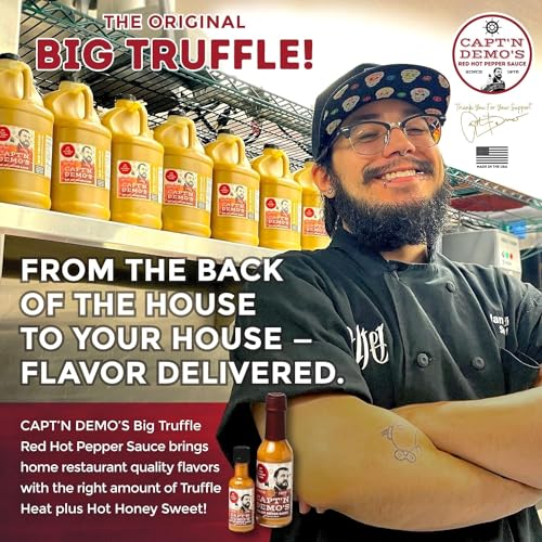 Image of CAPTAIN DEMO's TRIPLE TRUFFLE Red Hot Pepper Sauce - Three Bottle Pack with TWO Bonus Travel Bottles, Gourmet Hot Sauce With Black Truffle, Black & White Truffle Oil, Garlic, Hot Honey Heat