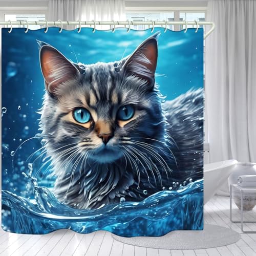 Image of LYFANS Bathroom with Sea Cat 3D Shower Curtains, Luxury Bathtub Standard Shower Curtain, Waterproof and Bright Fabric Shower Curtain Size (72x72 Inches)
