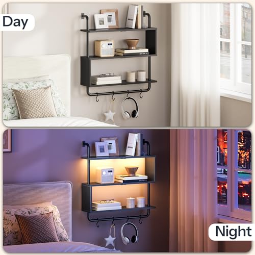 Image of HOOBRO Floating Shelves with LED Lights, 29.5 inch LED Wall Mounted Gaming Shelf, 3-Tier Pipe Display Rack with Hanging Rod and 4 S-Hooks, for Storage Livingroom, Bedroom, Kitchen, Black BB21DBJ01