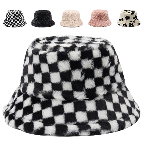 Image of Bucket Hat Women Furry Fuzzy Bucket Hats for Ladies, Winter Warm Fluffy Plush Faux Fur Hat for Women