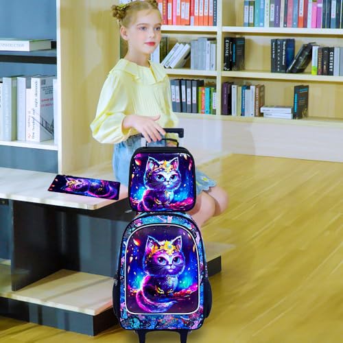 Image of CCJPX 3PCS Rolling Backpack for Girls, Kids Cat Roller Wheels School Bookbag with Lunch Bag, Wheeled School Bag for Toddler Elementary Children
