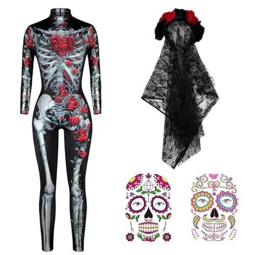 Antsparty Déguisement Squelette Femme Halloween, Combinaison d'Halloween pour femme, Combinaison Squelette Adulte Crâne 3D Jeu de Rôle Costume moulant pour Adulte