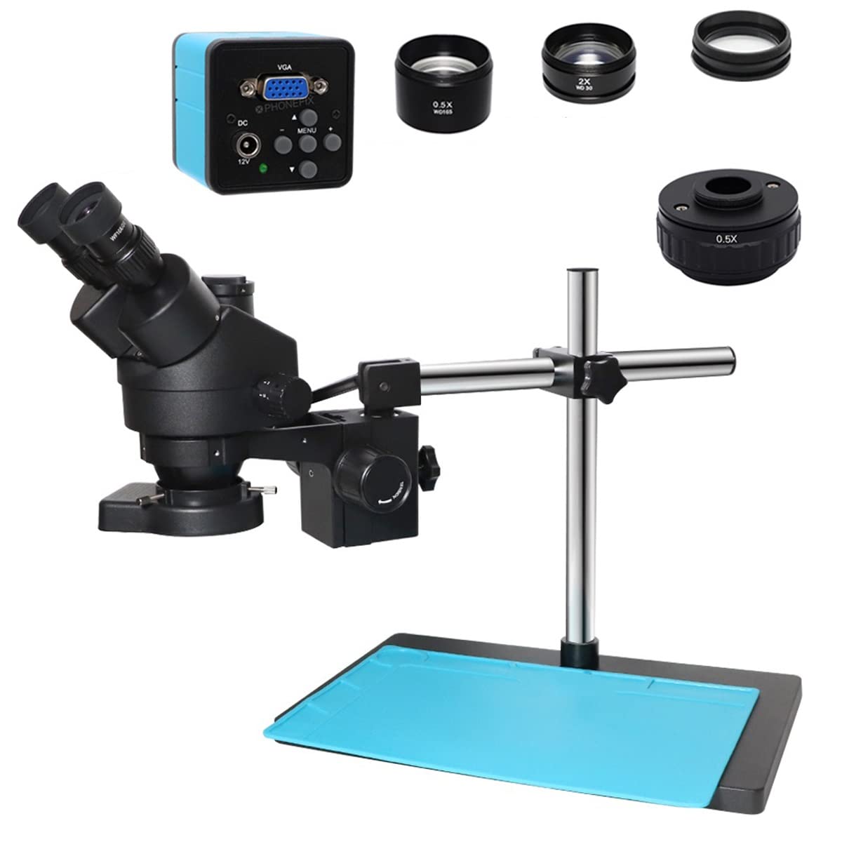 Microscope Trinocular Stereo Microscope with Simul-Focal Continuous Zoom 3.5X-90X Magnification + Camera Double Arm Stand 0.5X 2.0X Lens(Add VGA 0.5X C Mount)