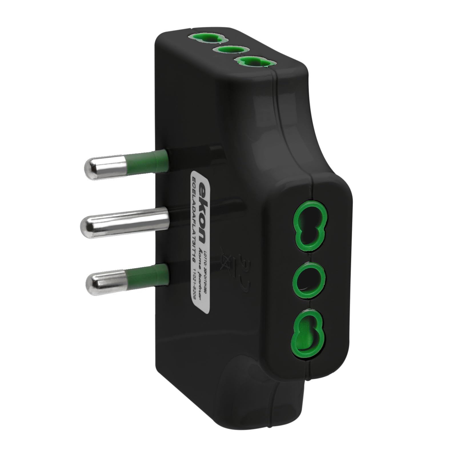 EKON Adattatore Triplo Piatto Con 3 Prese Bipasso Ita-nero
