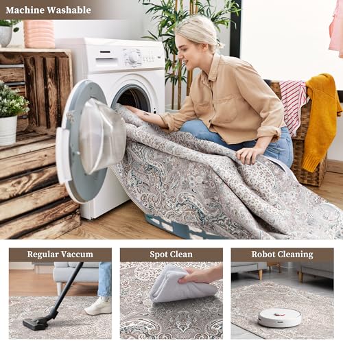 Vintage 9x12 Washable Area Rug, Low-Profile Large Area Rug with Non-Slip Backing & Durable Edge Binding, Pet-Friendly Carpet, Large Rug for Living Room, Bedroom & Dinning Room