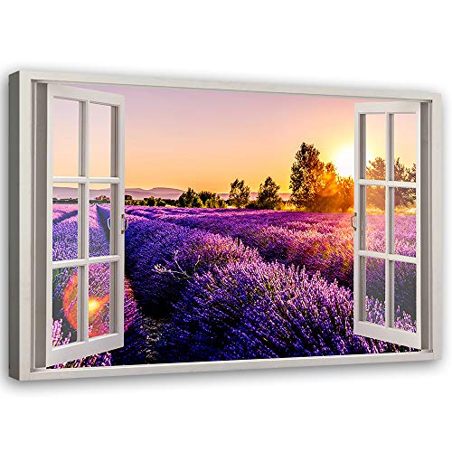 Feeby Impression sur Toile Intissé Illusion De Fenêtre Coucher De Soleil Sur Un Champ De Lavande 90x60 cm Image Moderne Tableau Déco Mural Salle De Séjour 3D violet