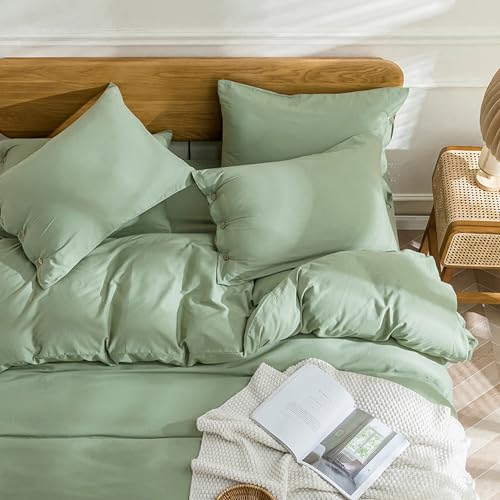 Image of JELLYMONI Cotton Duvet Cover Full Size - Light Green Comforter Cover with Button 100% Washed Cotton 3PCS Breathable Soft Solid Bedding Set Duvet Cover 80x90in & 2 Pillowcases (NO Comforter)