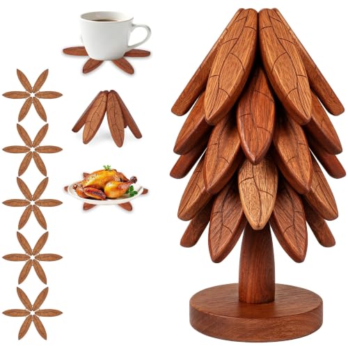 Wooden Trivet Set with Stand, 5 Pcs Tree Leaf Anti‑Slip Pattern Hot Pot Holders for Kitchen, Heat Resistant Wood Coasters for Hot Dishes, Pans, Teapots - Decorative Countertop Storage (Texture- 5 Pcs) - image 1
