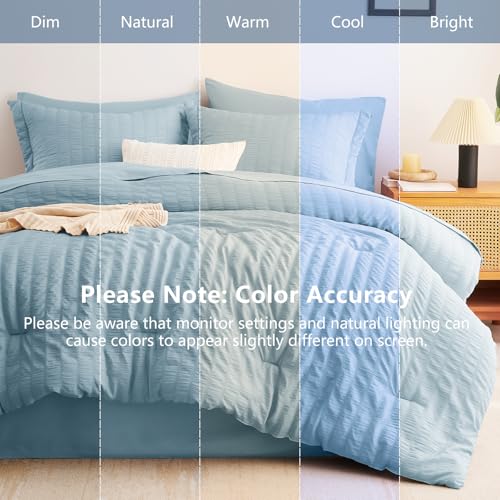 Image of CozyLux Oversized Queen Comforter Set with Sheets, 7 Pieces 98 inchx98 inch Light Blue Seersucker Bed in a Bag, Luxury Soft All-Season Bedding Sets with Down Alternative Comforter, Sheets, Pillowcases & Shams