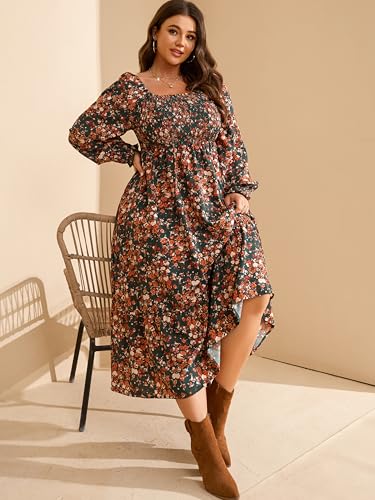 RWJ Women's Plus Size Fall Dress Long Sleeve Square Neck Floral Print Smocked A Line Boho Flowy Maxi Dresses with Pockets4
