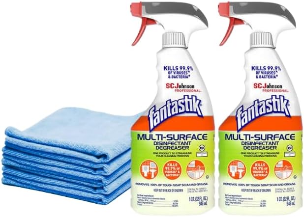 Fantastik All-Purpose Cleaner 32oz Trigger Spray Bottle, (2-pack), with 10-pack Blue Microfiber Cloths.