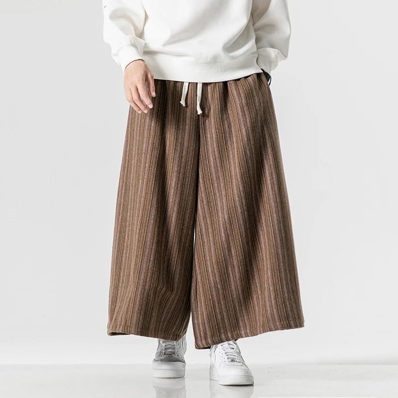 Japanese Autumn Winter Pants for Mens Warm Thicken Woolen Striped Casual Wide Leg Pants2