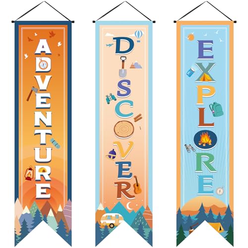Image of Chiisong 3 Pieces Boho Camper Party Decorations Adventure Discover Explore Porch Signs Camping Hanging Backdrops for Indoor Outdoor Home Bar Birthday Photo Props Door Wall Party Decor Supplies