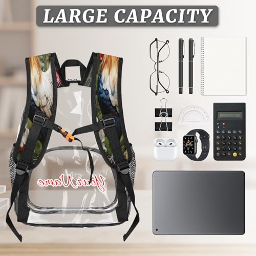Personalized Large Clear Backpack Stadium Approved Heavy Duty PVC Plastic Custom Transparent Backpacks See Through Bag with Name, Rooster Spring Flowers3