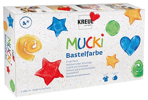 KREUL 24160 - Mucki Bastelfarbe, 6 x 80 ml in Weiß, Gelb, Rot, Blau, Grün und Schwarz, Kindermalfarbe auf Wasserbasis, parabenfrei, glutenfrei, laktosefrei, vegan, auswaschbar