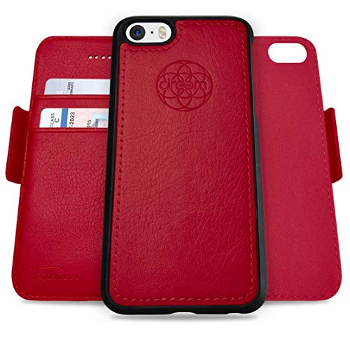 Dreem Fibonacci 2-in-1 Wallet Case for Apple iPhone 5/5s/SE(1) - Luxury Vegan Leather, Magnetic Detachable Shockproof Phone Case, RFID Card Protection, 2-Way Flip Stand - Red