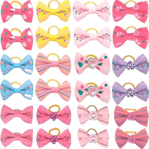 Naturahand 24pcs Dog Hair Bows with Rubber Bands, Cute Puppy Dog Bow Ties Handmade Little Dog Knotted Bows Multicoloured Pets Cats Dogs Grooming Bow Accessories Cover