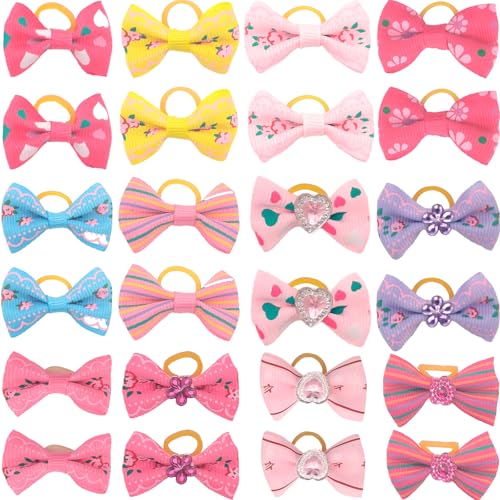 Naturahand 24pcs Dog Hair Bows with Rubber Bands, Cute Puppy Dog Bow Ties Handmade Little Dog Knotted Bows Multicoloured Pets Cats Dogs Grooming Bow Accessories