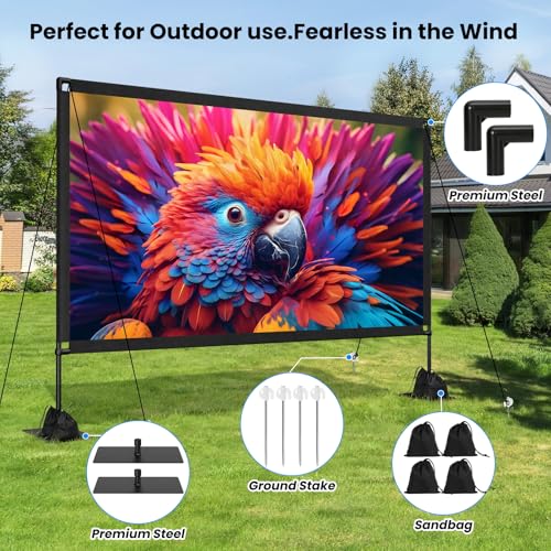 Image of 120inch Projector Screen with Stand: Portable Projector Screen Outdoor Indoor Front /Rear16:9 4K HD with Carry Bag Sandbag- Movie Screen for Backyard Moive Night, Camping, Theater