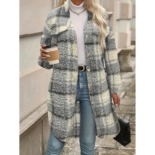 Trench Coat Women Long Flannel Plaid Jacket Shacket Cozy Lapel Button Down Shirt Jackets Fuzzy Peacoat with Pockets3